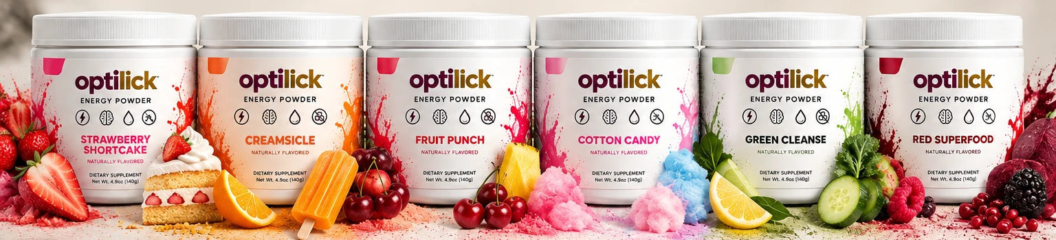 All six Optilick Energy Powder flavors