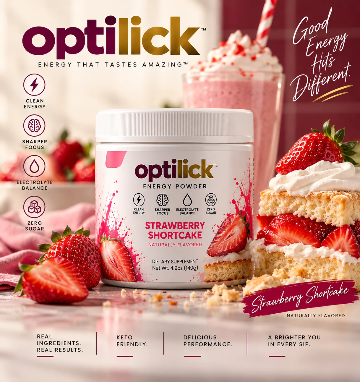 Optilick Strawberry Shortcake Energy Powder with strawberries and shortcake